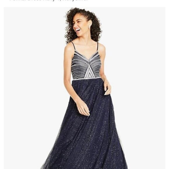 SAY YES TO THE PROM Navy Glitter Sheer Spaghetti Strap Sweetheart Neckline - Picture 1 of 10
